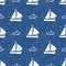 Stencil style vector white sailing boats and sets of anchors. Seamless pattern on navy blue background with watercolor