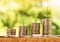 Step of coins stacks with tree growing on top, nature background, money, saving and investment or family planning concept, over su