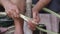 Step of removing stalks to leave only the bark prepared for weaving reed mat , handmade thai style