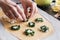 Step by step the chef prepares ravioli with ricotta cheese, yolk