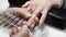 Step-by-step instructions for nail extension on gel tips. Manicure, hands in the foreground.