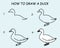 Step by step to draw a Duck. Drawing tutorial a Duck. Drawing lesson for children. Vector illustration