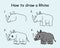 Step by step to draw a Rhino. Drawing tutorial a Rhino. Drawing lesson for children. Vector illustration