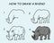Step by step to draw a Rhino. Drawing tutorial a Rhino. Drawing lesson for children. Vector illustration