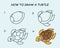 Step by step to draw a Turtle. Drawing tutorial a Turtle. Drawing lesson for children. Vector illustration