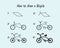 Step to step draw a Bicycle. Good for drawing child kid illustration. Vector illustration