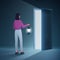 Step into unknown future ahead, girl with lamp standing at open entrance door alone