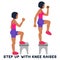 Step up with knee raises. Sport exersice. Silhouettes of woman doing exercise. Workout, training