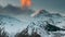 Stepantsminda, Georgia. Peak Of Mount Kazbek During Sunset. Famous Gergeti Church And Countryside Houses In Winter