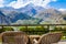 STEPANTSMINDA, GEORGIA - september 15, 2018: Beautiful view from terrace Rooms Hotel Kazbegi of the high mountain top