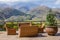 STEPANTSMINDA, GEORGIA - september 15, 2018: Beautiful view from terrace Rooms Hotel Kazbegi of the high mountain top