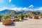 STEPANTSMINDA, GEORGIA - september 15, 2018: people eat and relax on terrace Rooms Hotel Kazbegi of the high mountain