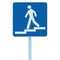 Stepped access entrance to pedestrian underpass subway sign, man walking downstairs on stairs signage, blue white post, isolated