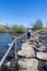 Stepping stones of the Brug Molenplas on the Oude Maas river, mature tourist with her dog