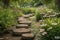 stepping stones surrounded by lush greenery and blooming flowers