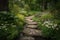 stepping stones surrounded by lush greenery and blooming flowers