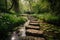 stepping stones surrounded by lush greenery and blooming flowers