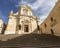 Steps approaching grand cathedral in Victoria`s citadel on Gozo, Malta