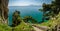 Steps down to El Caballo lighthouse in Cantabria, panorama