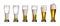 Steps of filling glass of beer, isolated on white background. Set of glasses of cold light beer with foam.