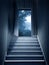 Steps leading from a dark basement to open the door. Mysterious landscape with trees in foggy forest in the doorway