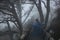 The steps of stair in ancient taoist martial arts wushu temple on foggy day