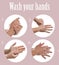 Steps of washing hands effectively. Collage with man on pink background