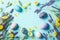 ster eggs, purple and yellow flowers on pastel blue background. Spring, easter concept