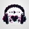 Stereo headphones with glitch effect. Music electronic devise. Vector icon. Night party background.