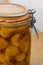 Sterilized mirabelle plums, homemade fruits in syrup for the winter, preserves nutrients