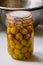 Sterilized mirabelle plums, homemade fruits in syrup for the winter, preserves nutrients