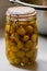 Sterilized mirabelle plums, homemade fruits in syrup for the winter, preserves nutrients