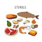 Sterols-containing food. Groups of healthy products containing vitamins and minerals. Set of fruits, vegetables, meats