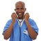 Stethoscope, black man and studio portrait of happy doctor for heartbeat, breathing or healthcare test. Health, medical