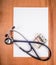 Stethoscope blank sheet of paper, and money