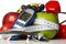 Stethoscope glucometer fruits and dumbbells, Diabetes concept