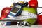 Stethoscope glucometer fruits and dumbbells, Diabetes concept