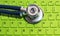 Stethoscope health care keyboard keys desktop top view green background ecology service concept