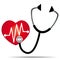 Stethoscope listening to a heart. Cardiology vector icon.