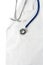 Stethoscope on medical uniform. Isolated right border