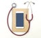 Stethoscope mobile phone and brown notebook on white background, flat lay.