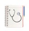 Stethoscope with pencil on notebook on white background