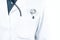 Stethoscope in a pocket of a doctor`s white lab coat