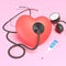 Stethoscope, red toy heart, Blood pressure monitor, thermometer on a light pink background. 3d rendering