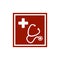 Stethoscope and silhouette of a cross in the red square. First aid medical sign flat vector icon for apps, website, labels, signs