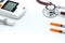Stethoscope and syringe and glucose meter, lancet using as background health care Medical, Check