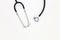 Stethoscope, Top view of doctors desk table, above view doctor work tools on white,