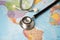 Stethoscope on USA America and Brazil world globe map background