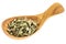 Stevia dried leaves on wooden spoon