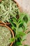 stevia green twig on burlap on a wooden board .Stevia plant.Sugar substitute. dietary sweetener.Alternative Low Calorie